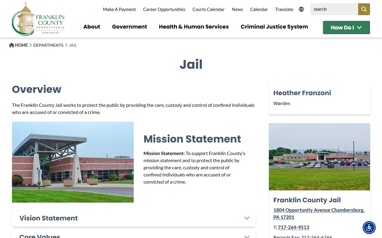 Franklin County Jail inmate lookup facility page