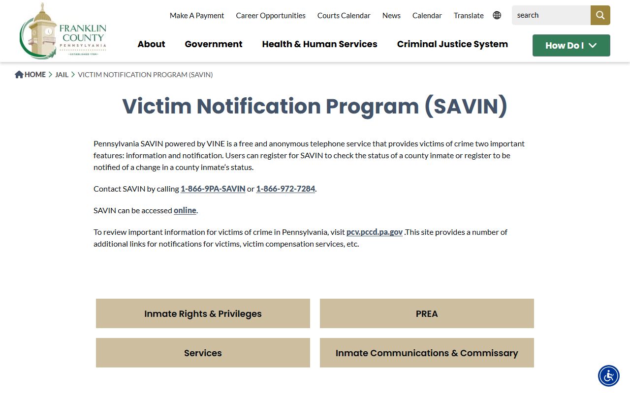 Franklin County inmate population SAVIN VINE custody status page